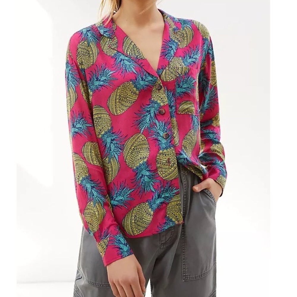 Anthropologie Janine Lecour Pineapple Buttondown Top Pink Yellow Fruit Shirt M